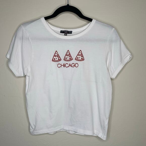 Chicago Pizza Embroidered Crop Top White Red Sz Small 100% cotton - Picture 1 of 5